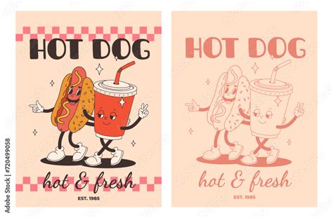 Set Of Fast Food Posters Retro Groovy Cards With Street Food