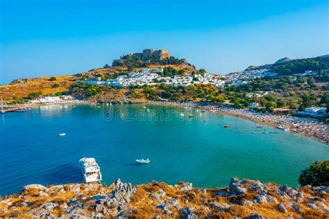 Panorama View Of Greek Town Lindos At Rhodes Island Stock Image Image