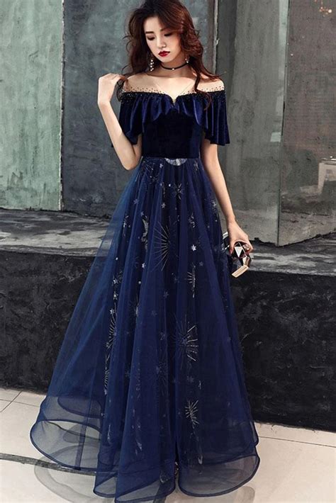 Blue Tulle With Velvet Long Party Dress A Line Off Shoulder Formal