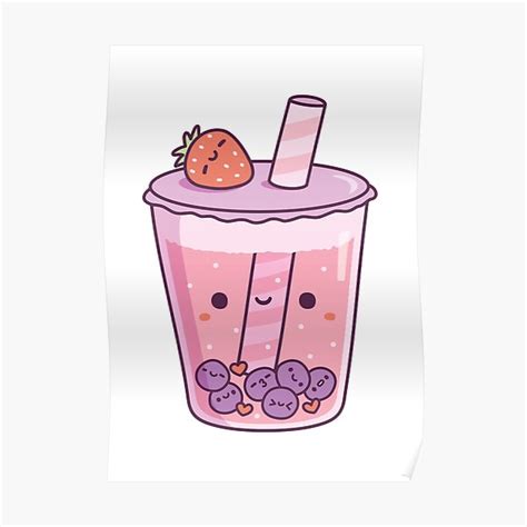 Kawaii Strawberry Milk Boba Tea Poster By Rustydoodle Redbubble