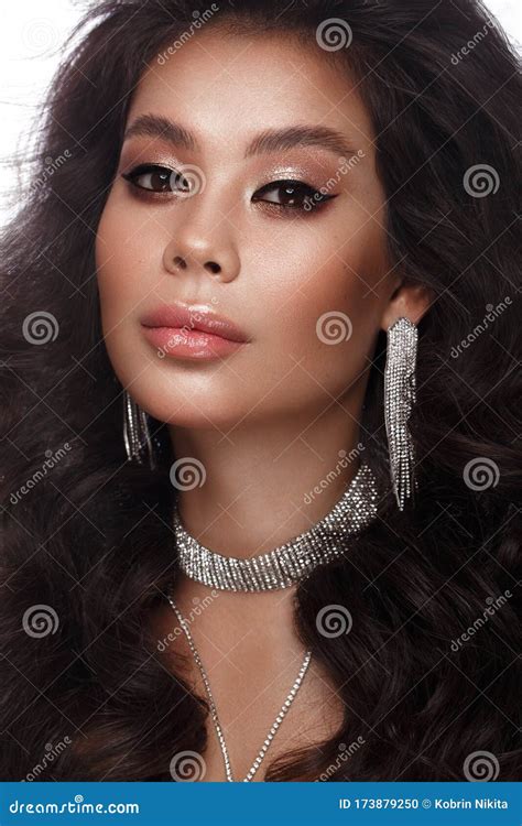 Beautiful Asian Brunette Model Volume Curls Classic Makeup And Lips The Beauty Face Stock
