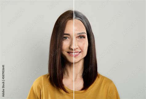 Changes In Appearance During Aging Portrait Of Woman Divided In Half