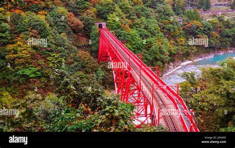 Shin Yamabiko Red Bridge Cross The River At Unazuki Station In Kurobe