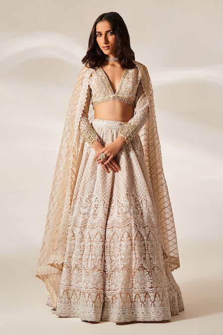 Buy Peach Organza Embroidery Chikankari Plunge V Neck Gabrielle Bridal