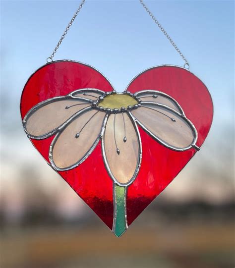 Glass Heart Suncatcher Stained Glass Heart With Daisy Flower