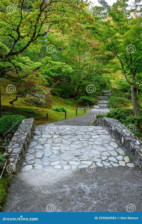 Stone Bridge Leading Into A Peaceful Japanese Garden Full Of Maple