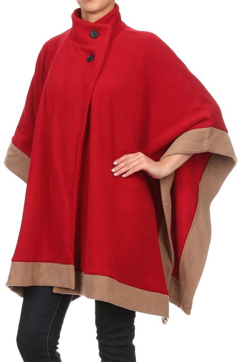 Womens Burgundy Red With Camel Trim Winter Fleece Caftan Poncho Coat