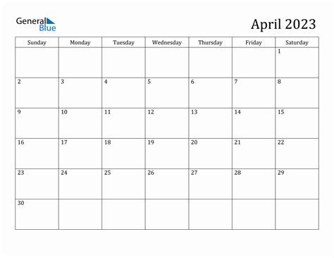 April 2023 Monthly Calendar