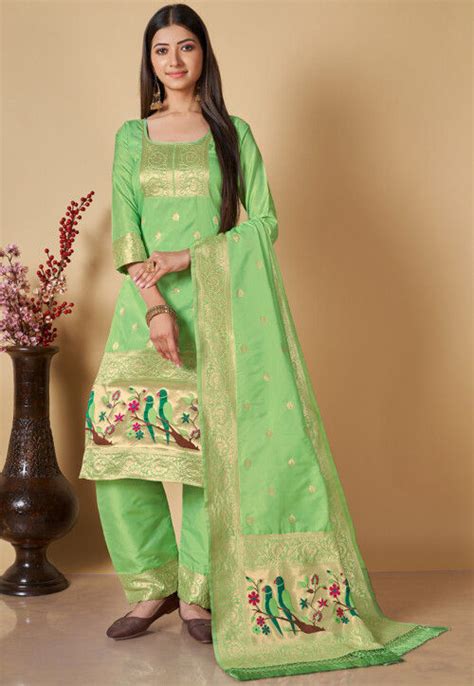 Buy Woven Art Silk Jacquard Pakistani Suit In Light Green Online