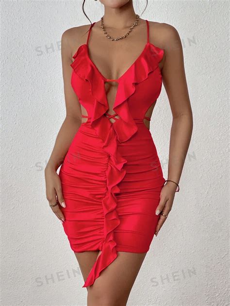 Shein Privé Ruffle Trim Crisscross Tie Backless Ruched Bodycon Dress