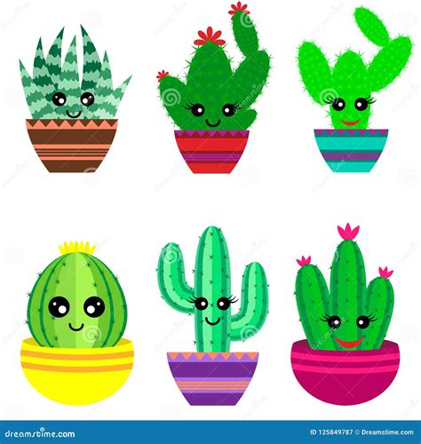 Set Of Cute Cartoon Cactus And Succulents With Funny Faces In Pots