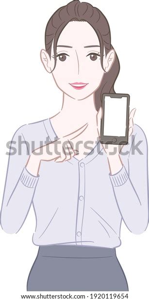 Illustration Woman Pointing Smartphone Her Hand Stock Vector Royalty