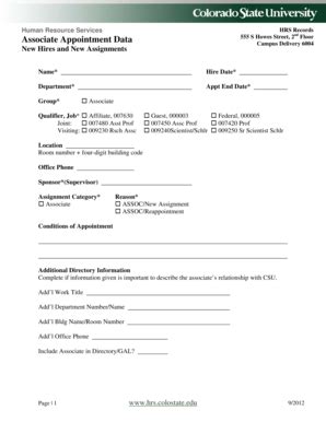 Fillable Online Hrs Colostate Associate Appointment Data Form Human