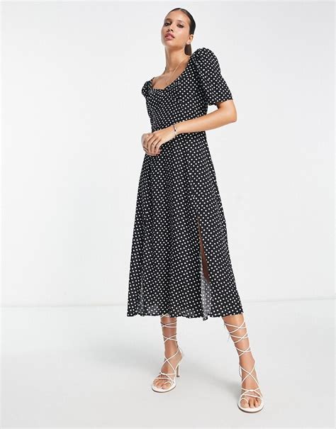 Asos Design Cupped Midi Dress With Splits In Spot Print Shopstyle