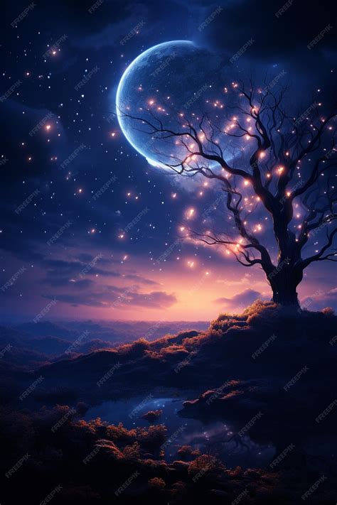 Premium Photo Starry Night Sky With A Tree And A Moon Generative Ai