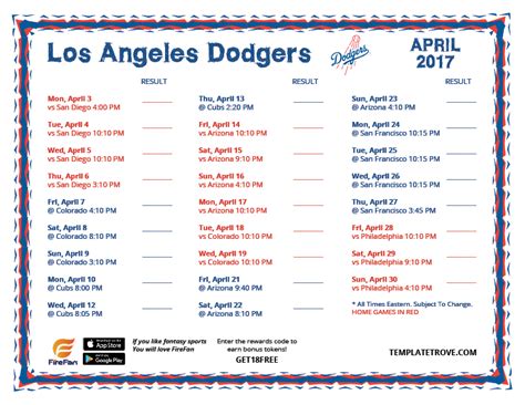 Printable 2017 Los Angeles Dodgers Schedule Worksheets Library