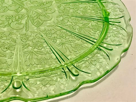 Vintage Green Depression Glass Footed Serving Plate Dish Cherry