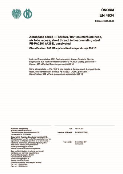 ONORM EN 4634:2010 - Aerospace series - Screws, 100° countersunk head ...