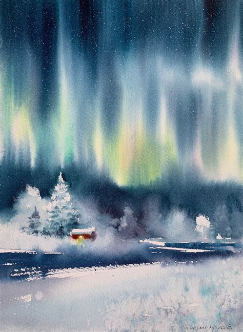 Aurora Borealis 12 Pintura Original Acuarela Obras De Arte Etsy