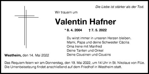 Traueranzeigen Von Valentin Hafner Allg Uer Zeitung