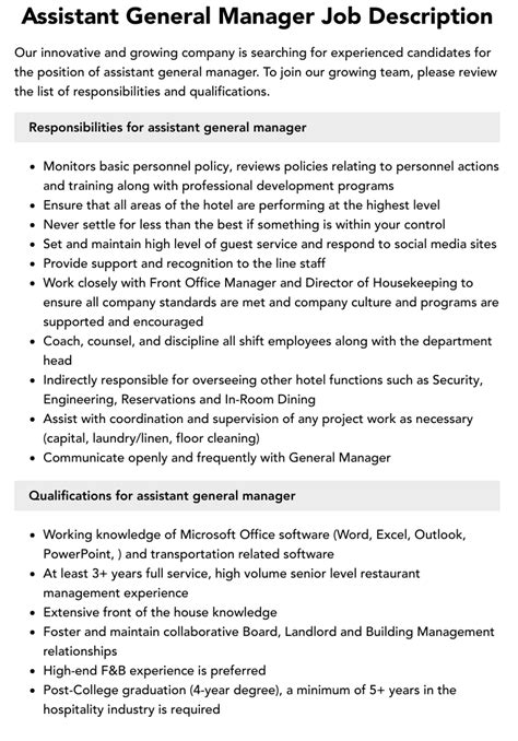 Assistant General Manager Job Description Velvet Jobs