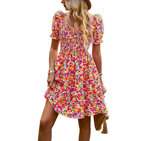 ynique womens classy cocktail floral print dress ruffle   mini