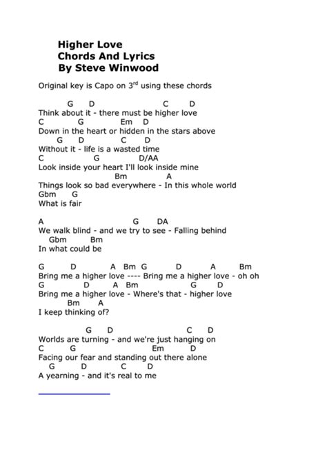 Higher Love Chords And Lyrics By Steve Winwood printable pdf download