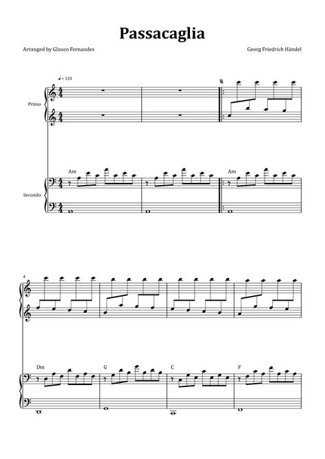 Passacaglia By Handelhalvorsen Piano Duet With Chord Notation Arr