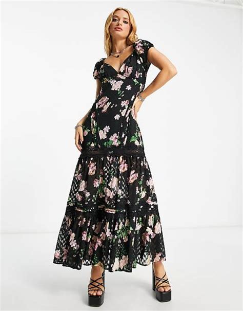 Asos Design Pintuck Maxi Dress With Lace Inserts In Black Floral Print