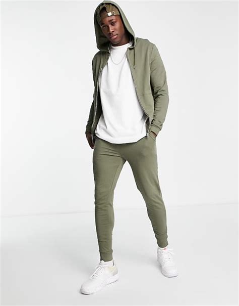 Asos Design Skinny Lightweight Tracksuit In Khaki Asos