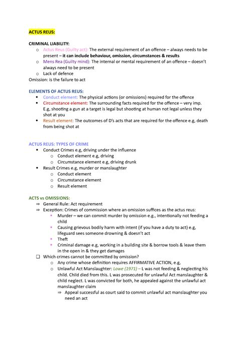 Actus Reus Lecture Notes Law Qmul Studocu