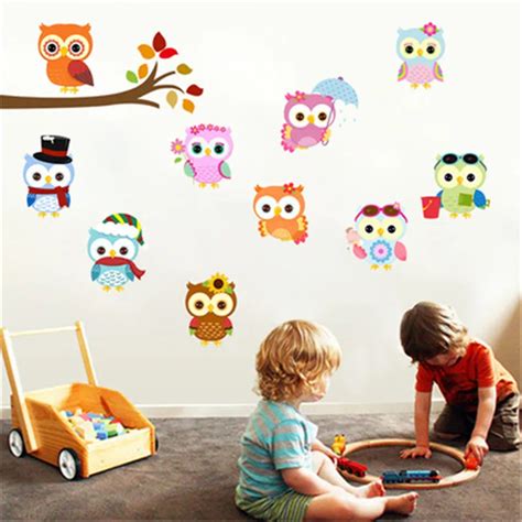 Colorful Owls Cartoon Wall Stickers Owls On The Tree Children Room Home