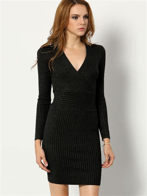 Black V Neck Long Sleeve Bodycon Dress Sheinsheinside