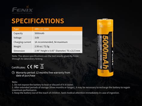 Fenix LED Fenix ARB L21 5000 Li Ion Rechargeable 21700 Battery