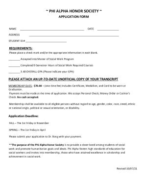 Fillable Online PHI ALPHA HONOR SOCIETYAPPLICATION FORM Fax Email