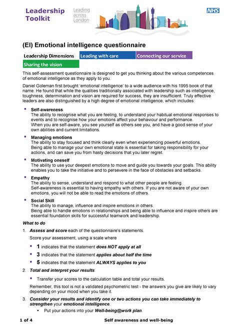 Emotional Intelligence Questionnaire Lal1 1 Of 4 Self Awareness And Well Being Leadership