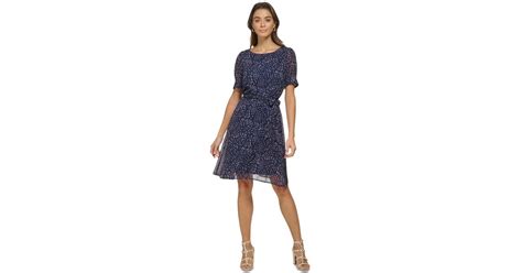 Dkny Puff Sleeve Printed Chiffon Fit And Flare Dress In Blue Lyst