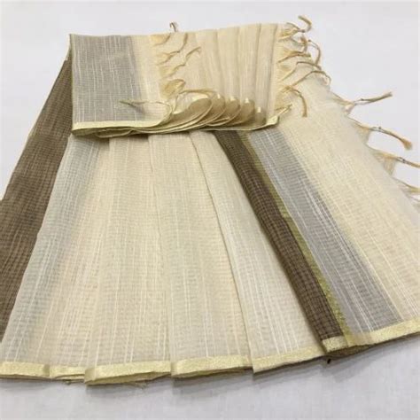 Banarasi Chanderi Cotton Slub Plain Khichha Anchal Dupatta Cream Ghee