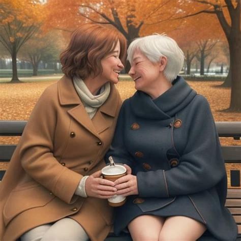 A Tender Moment Between An Age Gap Lesbian Couple Sitting On A Park