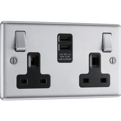 BG Brushed Steel USB 13A Black Insert Switched Socket 2 Gang 2 USB 3