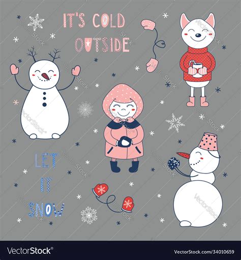 Set hand drawn winter cartoon characters Vector Image