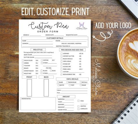 Editable Pen Order Form Template, Custom Pen Form, Order Ready Printable, Editable Pen Work ...