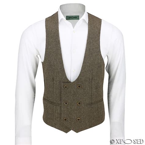 Mens Vintage Tweed Double Breasted Low U Cut Suit Waistcoat Retro Slim