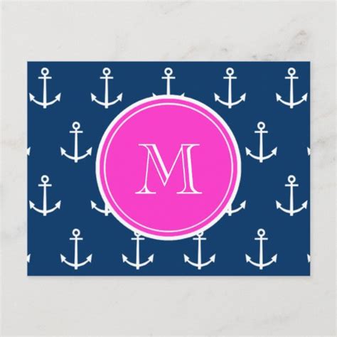 Navy Blue White Anchors Pattern Hot Pink Monogram Postcard