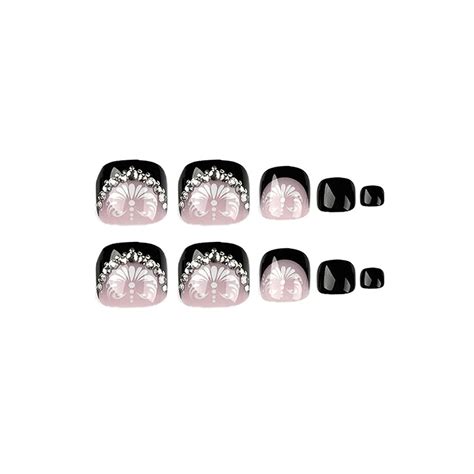 YOSOMK PCS Short Square Glossy Fake Toenails With Black Designs Nude Full Cover Acrylic