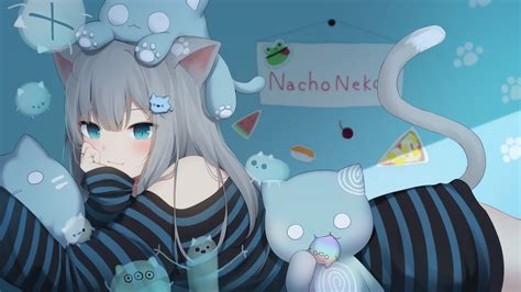 Animal Ears Blue Hair Amashiro Natsuki Anime Cat Girl Blue Eyes