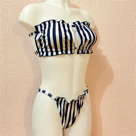 Nautical Navy Blue White Vertical Stripe Padded Bandeau String Cheeky Piece Bikini Swimsuit
