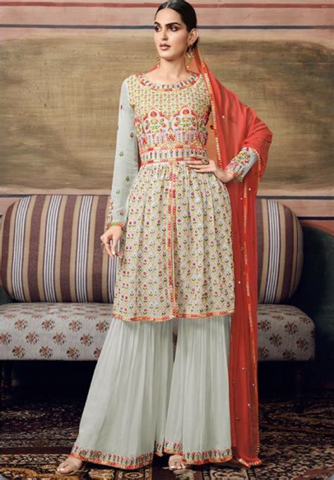 White Georgette Embroidered Palazzo Suit Salwar Kameez Designer