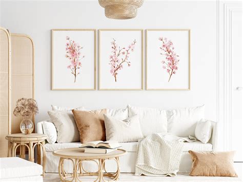 Cherry Blossom Art Print Set Of 3 Blush Pink Floral Wall Art Etsy