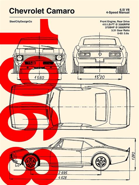 1968 Chevrolet Camaro Ss Blueprint Artwork Painting By Campbell Sonia